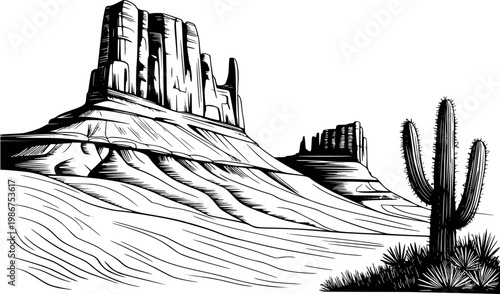 Black and white woodcut style desert landscape with mesa and saguaro cactus