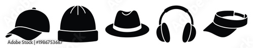 A versatile collection of headwear accessories including a baseball cap, beanie, fedora, headphones, and a visor, perfect for fashion, sports, and lifestyle concepts