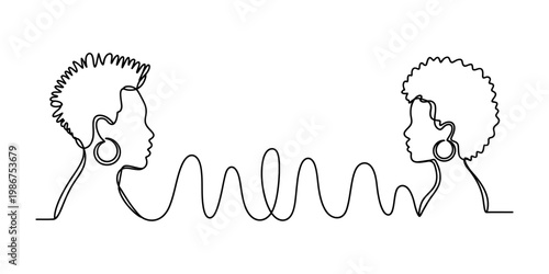 Minimalist continuous line art illustration of two women facing each other with connected hair Vector, illustration
