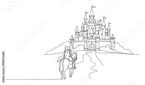A valiant knight on horseback embarks on a journey towards a grand medieval castle rendered in a captivating continuous line drawing suitable for narrative designs and historical themes