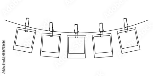 A simple black and white line drawing of five blank instant photos hanging on a laundry clothesline Vector, illustration