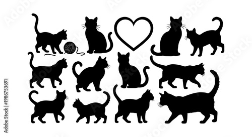 Black cat silhouette collection, set of 12 domestic feline vector icons, various cat poses and kitten shapes with heart and yarn ball elements