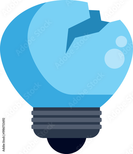 Broken lightbulb with cracks on its blue glass surface, symbolizing failure or problem
