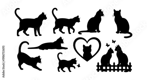 Black cat silhouettes collection, 8 feline vector elements in various poses, domestic pet icons with heart and fence details for vinyl cutting