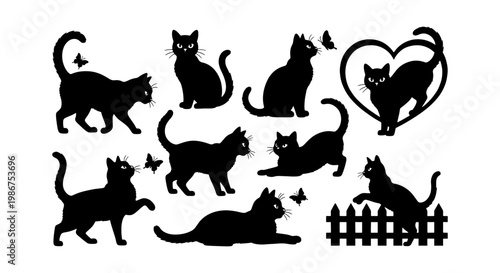 Black cat silhouette collection, set of 9 feline vector icons in various poses, domestic cat silhouettes with butterflies and heart shapes