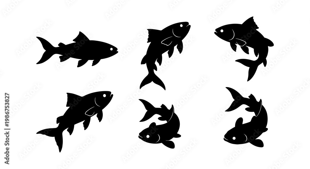 Obraz premium Black fish silhouette collection, set of 6 aquatic animal icons in various swimming poses, minimalist trout or salmon vector shapes for fishing logos
