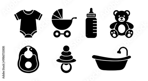 Minimalist baby icons set, black silhouette nursery symbols for newborn care, collection of 7 infant equipment vector elements for parenting apps