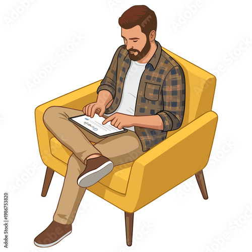 A man sits in a yellow chair reading a book leisurely indoors.