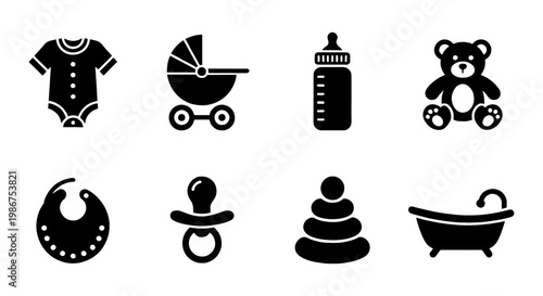 Minimalist baby care icon set, 8 black solid vector elements for newborn nursery, infant supplies and childhood accessories collection