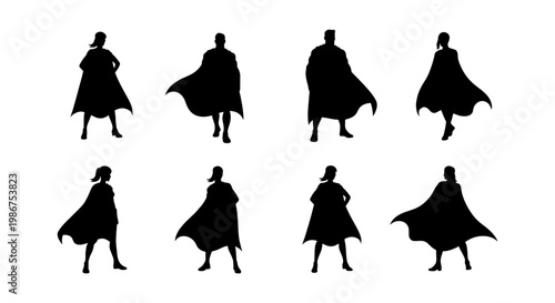 Superhero silhouette collection, set of 8 heroic character figures with capes, black vector icons of powerful men and women in standing poses