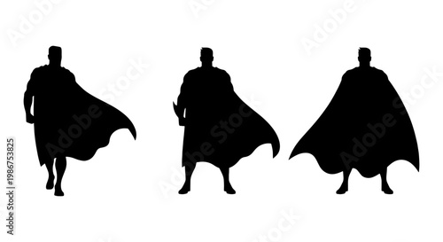 Superhero silhouette set with flowing capes, heroic male figure standing in powerful poses, black comic book character vector icons