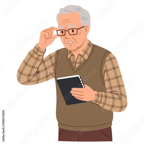 An elderly man holding a notebook adjusting his glasses with a thoughtful expression