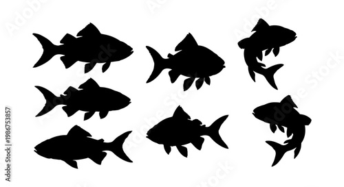 Black fish silhouette collection, set of 7 aquatic animal icons, isolated freshwater fish shapes for fishing logos and nature design