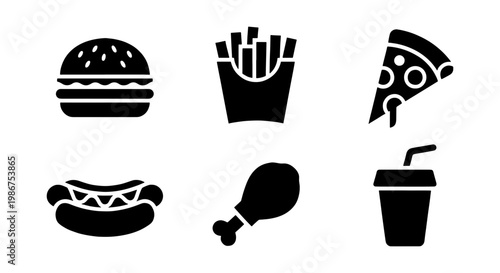 Minimalist fast food icon set, black solid vector silhouettes of burger and fries, 6 junk food elements for restaurant menus and delivery apps