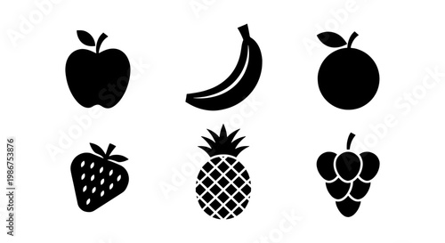 Minimalist fruit icon set with 6 black silhouettes, flat vector fruit illustrations including apple and banana, organic food symbols for grocery apps