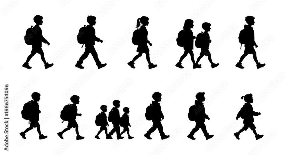 Obraz premium School children silhouettes with backpacks walking to class, set of student vector figures, black silhouettes of kids going to school