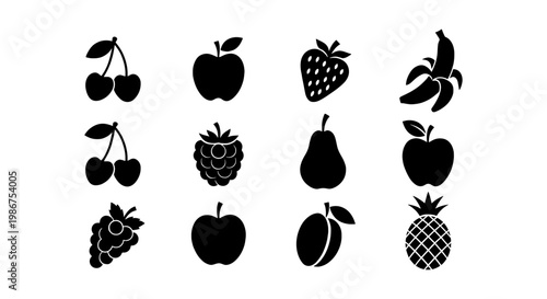 Minimalist black fruit icons set, 12 organic food vector silhouettes, flat graphic fruit symbols for grocery and menu design