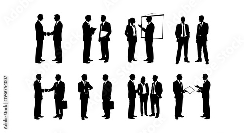 Professional business people silhouettes set, corporate team meeting and handshake icons, office workers in formal suits vector collection
