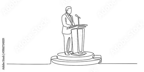 A continuous line drawing of a man in a formal suit standing behind a podium giving a speech. Vector, illustration