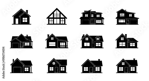 Modern house silhouette icons set, 12 residential building vector symbols, minimalist black home exterior architectural shapes for real estate
