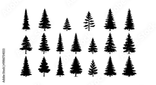 Pine tree silhouette collection, 21 evergreen forest conifer icons, black spruce and fir tree vector set, minimalist nature landscape elements