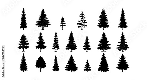 Pine tree silhouette collection, 20 evergreen forest conifer icons, black spruce and fir tree vector set for outdoor nature landscape design