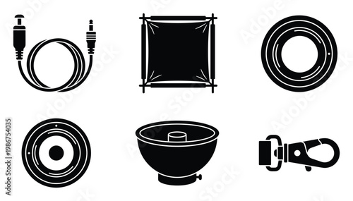 Versatile black and white icons representing essential photography and video production equipment including audio cables, softboxes, camera lenses, and utility clips for creative projects