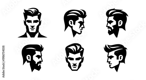 Barbershop logo icons set of 6 male head silhouettes, masculine man haircut and beard styles, black and white vector illustrations for grooming