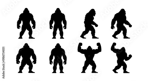 Bigfoot silhouette collection, 8 mythical sasquatch vector icons, black yeti creature shapes, legendary forest monster silhouettes for outdoor branding