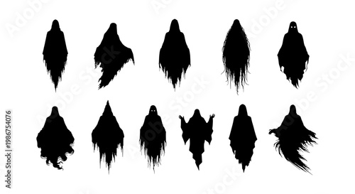Spooky ghost silhouette collection, 11 dark phantom vector elements. Creepy haunting spirit icons for Halloween. Eerie hooded wraith character set
