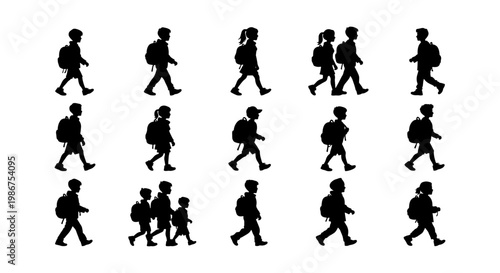 School children silhouettes with backpacks, set of walking student vector icons, primary education and back to school concept graphics