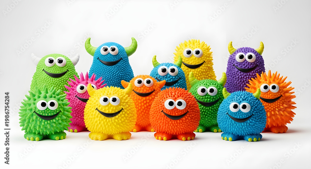 Fototapeta premium Group of colorful cute spiky monster toys isolated on white background