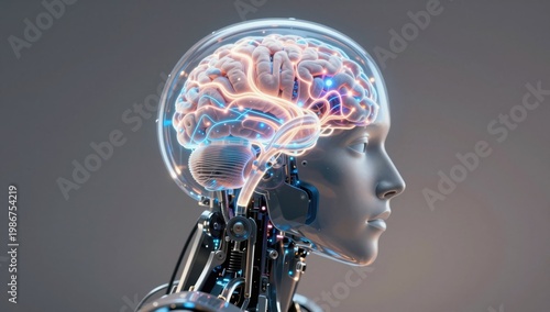 Futuristic Human Head with Transparent Brain and Advanced Technology