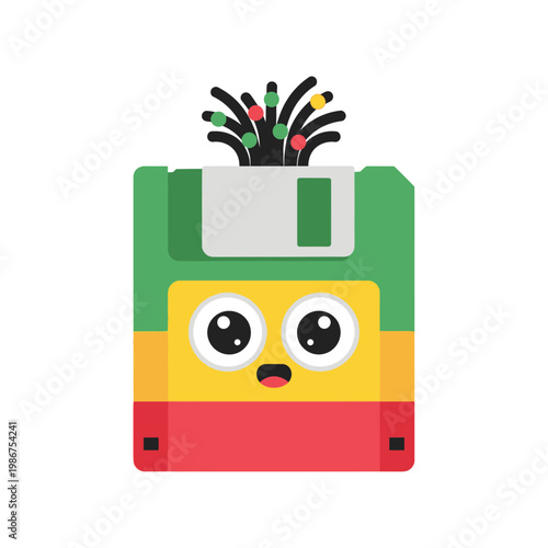 Cute Floppy Disk Character with Colorful Wires