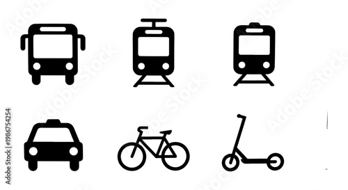 Public transportation icons set, black minimalist vehicle symbols for transit maps, urban mobility vector collection with bus train taxi bike and scooter