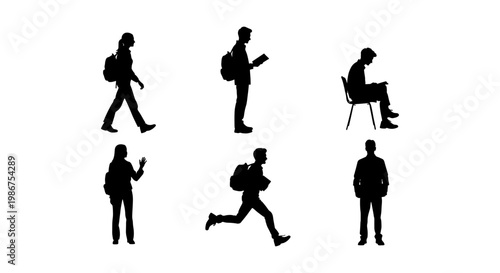Student silhouettes collection with backpacks, set of 6 university student figures walking and sitting, black human silhouettes for architectural scale