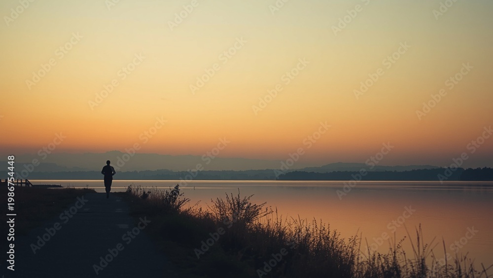 Fototapeta premium Distant jogging silhouette by a lakeside path, minimal scene, soft cloudless sunset sky with warm gradient, subtle layers of path, water, and sky, calm cinematic, clean and simple aesthetic.