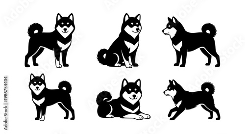 Black Shiba Inu dog vector set, 6 Japanese dog breed icons in various poses, minimalist black and white canine illustrations for pet branding