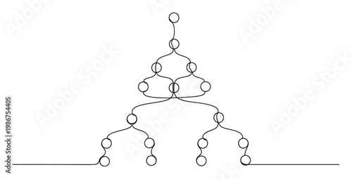 Continuous line drawing depicting an intricate branching network of interconnected circles, suitable for visualizing complex relationships, hierarchical structures, and conceptual flows in