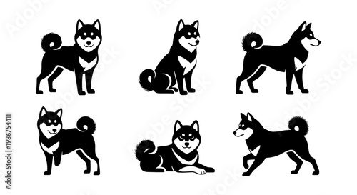 Minimalist Shiba Inu dog icons set, black and white Japanese Akita vector silhouettes, collection of 6 canine breed poses for pet branding