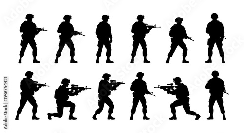Military soldier silhouettes set, 12 tactical infantry army vector elements, armed special forces in combat poses, black war fighter icons