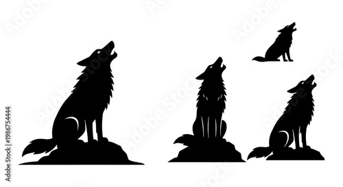 Howling wolf silhouette set, black wild animal vector icons, sitting timber wolf profiles on white background, 4 elements for wilderness design