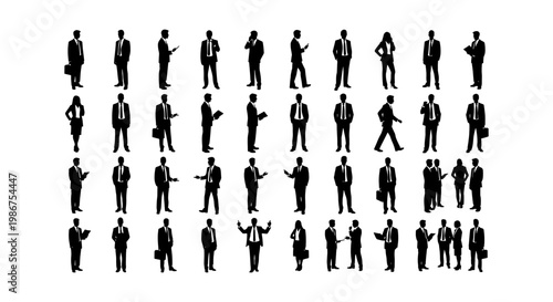 Business people silhouettes set, professional office workers in suits vector collection, corporate group standing and walking icons