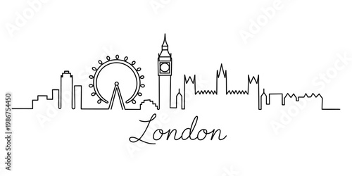 A continuous line drawing illustration of the iconic london city skyline with major landmarks Vector, illustration