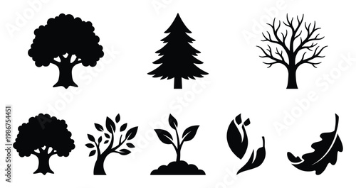 Essential collection of stylized tree and plant silhouettes suitable for environmental protection projects nature conservation branding and ecological themed graphic applications