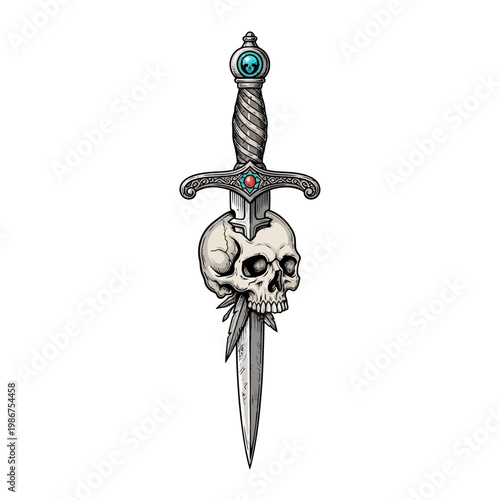 Ornate Dagger Piercing Skull with Gemstones - Macabre Fantasy Weapon