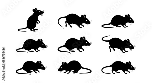 Black rat silhouettes in various poses, set of 9 mouse vector icons, rodent animal shapes for pest control and wildlife design