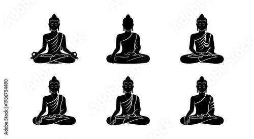 Minimalist Buddha silhouette icons, set of 6 meditation poses in black vector style, zen spiritual yoga figures for wellness branding