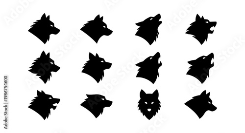 Wolf head silhouette set, 12 black wolf icons in profile and howling poses, minimalist predator animal vector collection for logo design