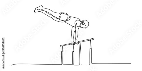 Continuous single line drawing of a male gymnast performing a difficult handstand on parallel bars. Vector, illustration